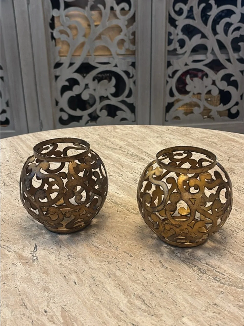 Decorative Gold Filigree Metal Votive Holders - Set of 2